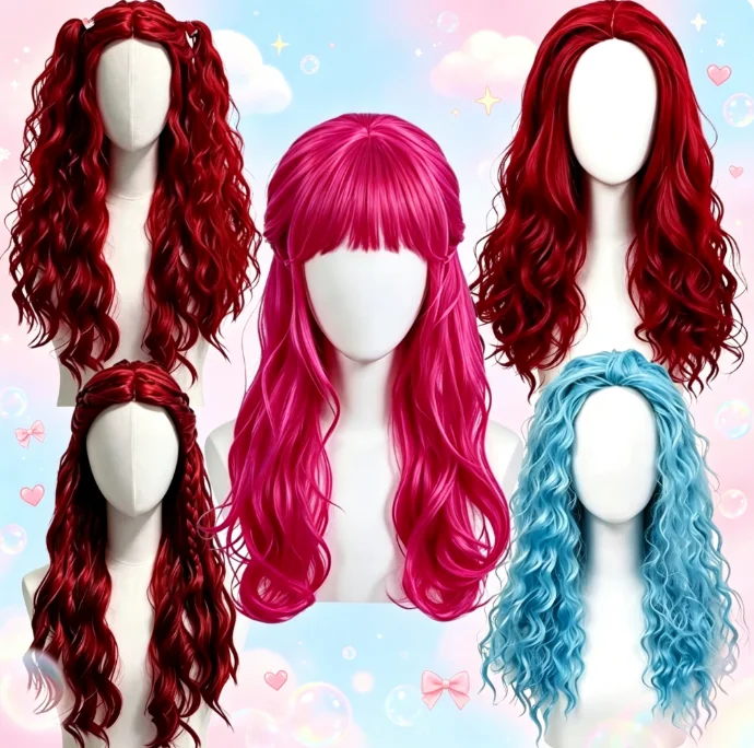 Women'S Red Accessories - 2026 Czerwono-Niebieska Długa Kręcona Syntetyczna Peruka